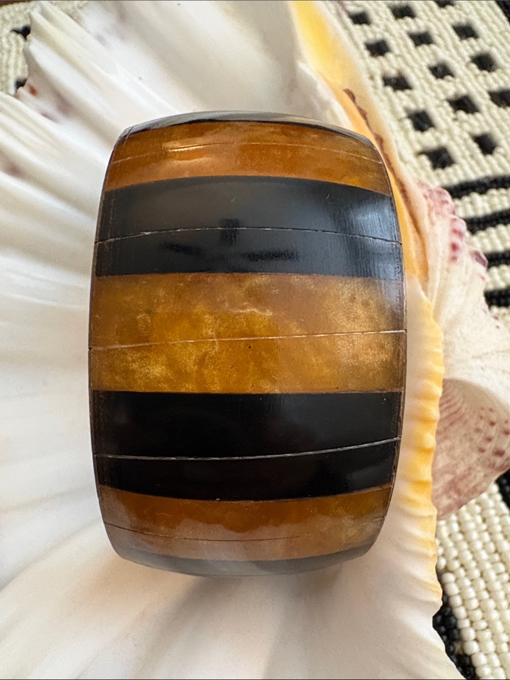 Striped Bone, Brass & Resin Overlay Bangle Bracelet in Amber and Black